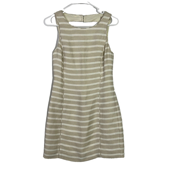 Banana Republic Womens Dress Size 0 Tan White Stripe Lined Blend Sleeveless - Picture 1 of 12